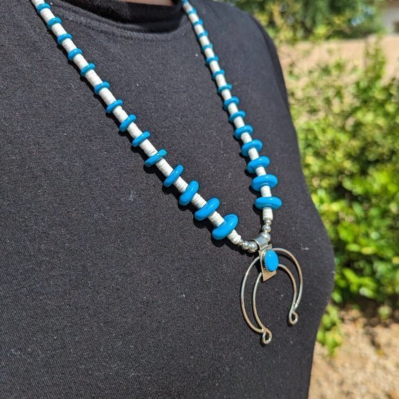 Native American Jewelry Heishi Block‎ Turquoise Naja Pendant Handmade Necklace - Picture 6 of 9